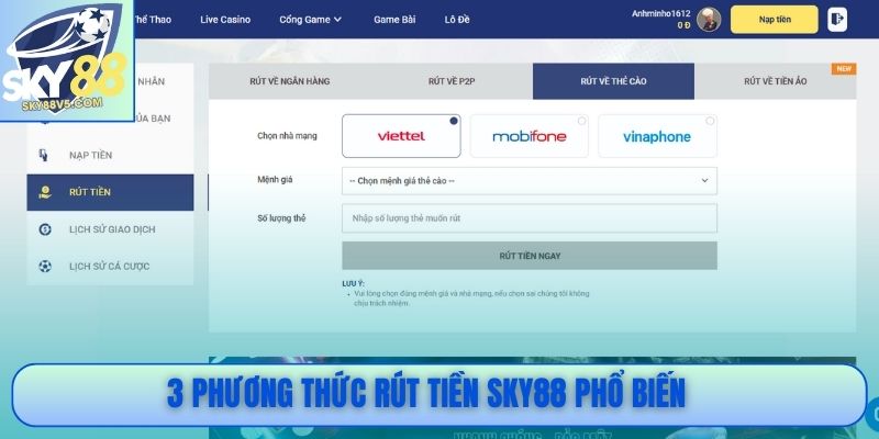 3 phương thức rút tiền Sky88 phổ biến